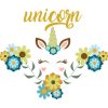 Diseños vectoriales de unicornio con flores y letras.