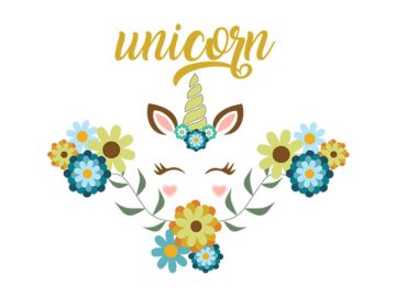 Diseños vectoriales de unicornio con flores y letras.